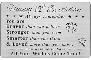DEGASKEN Happy 12th Birthday Card, 12 Year Old Birthday Gifts for Boys Girls Teens, Permanent Engravend Steel Wallet Card Pre