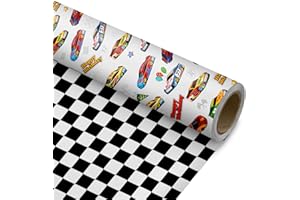 ZINTBIAL Race Car Reversible Wrapping Paper Roll - Gift Wrap with Black & White Checkered Flag on Reverse- Perfect for Holidays, Birthdays, Babay Shower and Christmas - 17.5 in x 33 ft (48 sq. ft)