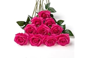 DuHouse 10pcs Silk Roses Artificial Flowers Fake Rose for Arrangement Wedding Party Home Decoration(Fuchsia)