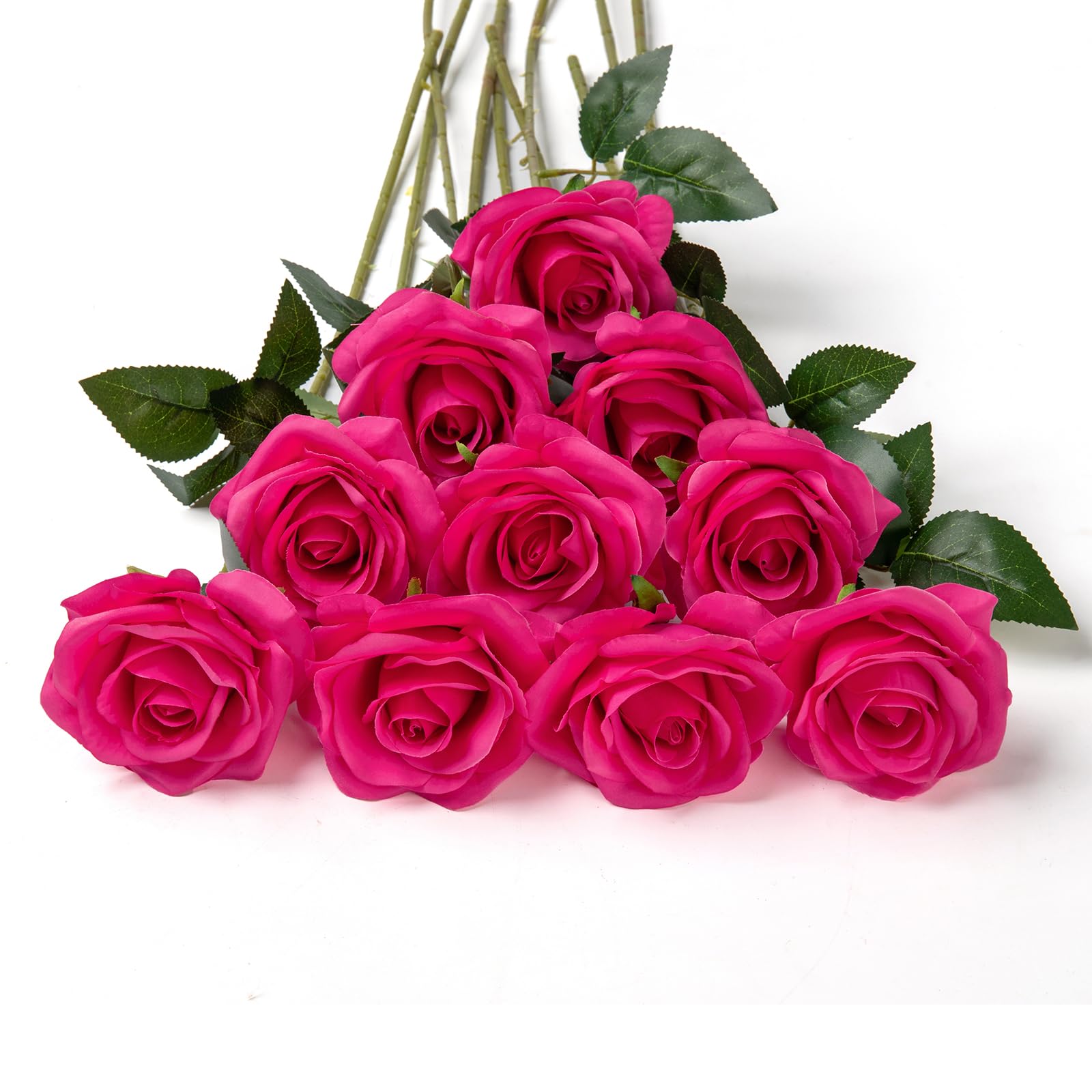 DuHouse 10Pcs Artificial Roses Fake Silk Flowers Realistic Bridal Bouquets with Single Long Plastic Stems for Arrangement Wedding Table Centerpiece Party Home Decor(Fuchsia)