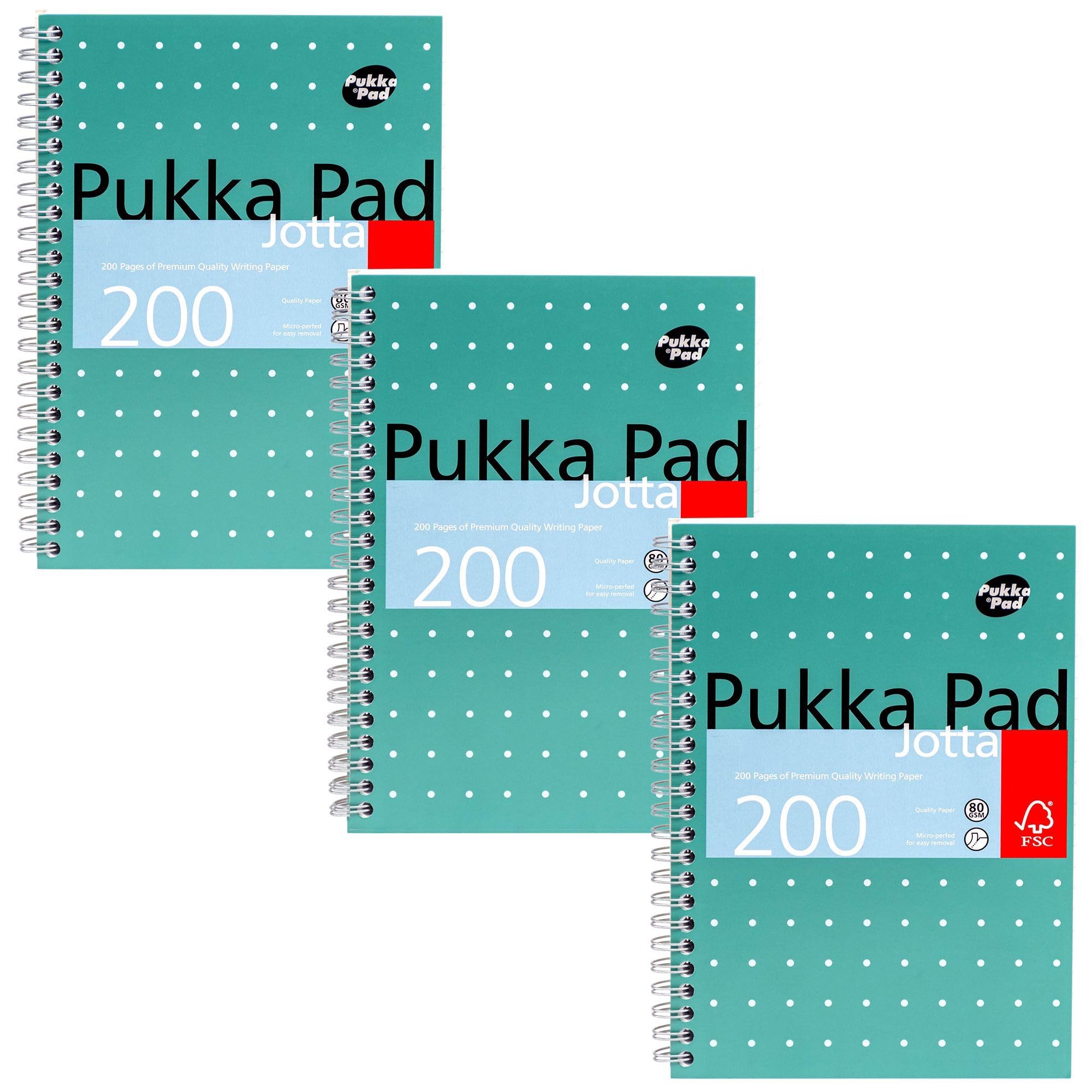 Pukka Pad, A5 Metallic Jotta notizbuch 3er-Pack für Zuhause, Schule und Büro – 15 x 21 cm – spiralbindung Notizbuch mit 8 mm Liniert und 80 g/m² Papier – mit perforierten Kanten – 200 Seiten, grün