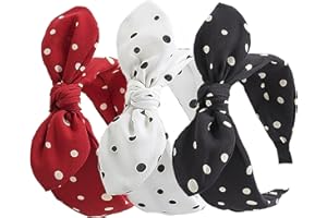 Bow Headbands for Women 3Pcs Adjustable Polka Dot with Bunny Ears Lightweight Vintage Wide Hairband