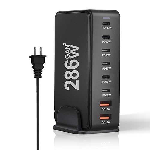 286W USB C Charger Block, 8-Port GaN3 Charging Station for Multiple Devices Apple, Multi Port USB Charging Block USB Charging Hub Compatible with MacBook Pro/Air,iPad,iPhone,Samsung Galaxy