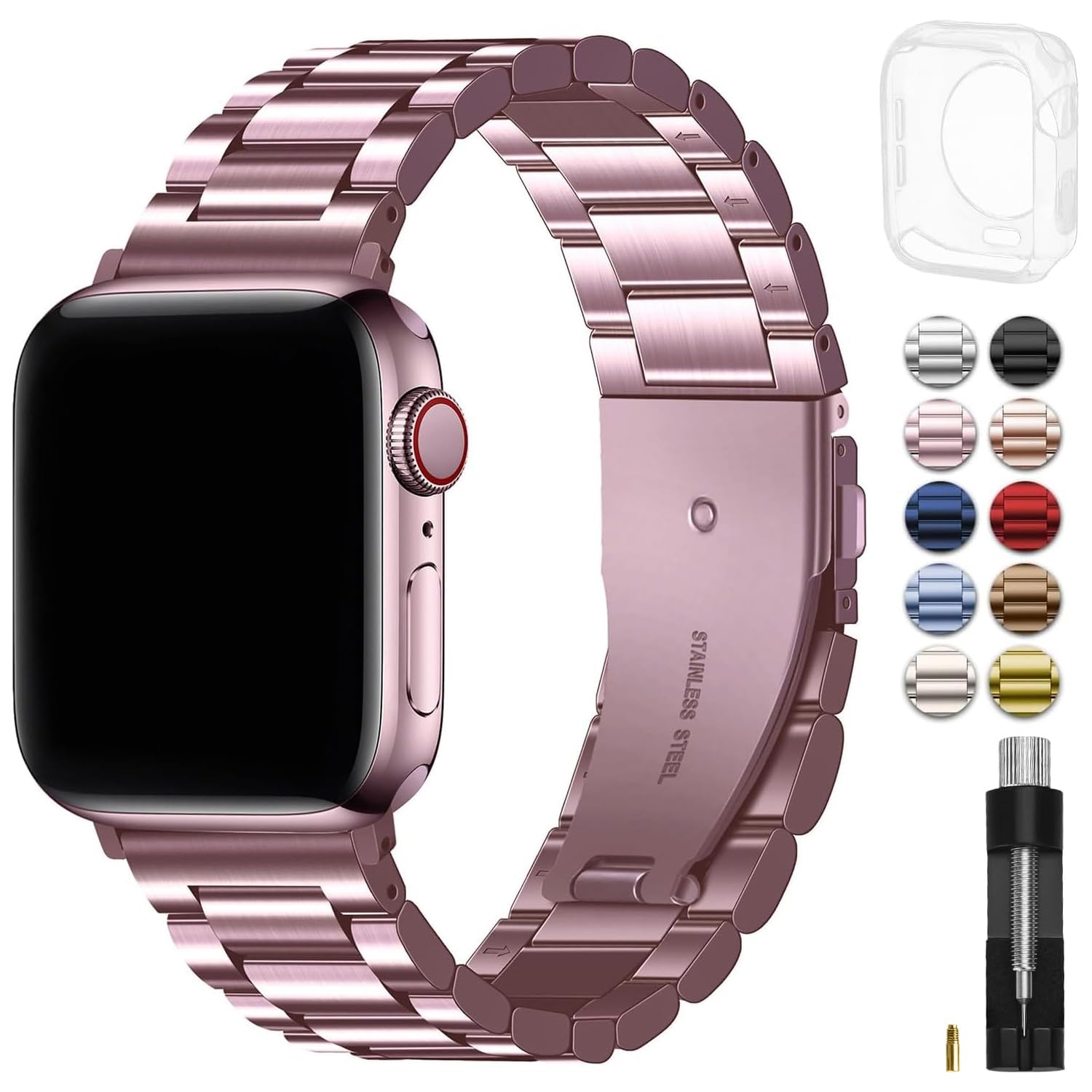 Fullmosa Compatible with Apple Watch Straps 40mm 41mm 38mm, Metal Stainless Steel Replacement Bands for iWatch SE 3 2 1/Series 9/8/7/6/5/4/3/2/1, Rose Pink & Protective Case — image 1