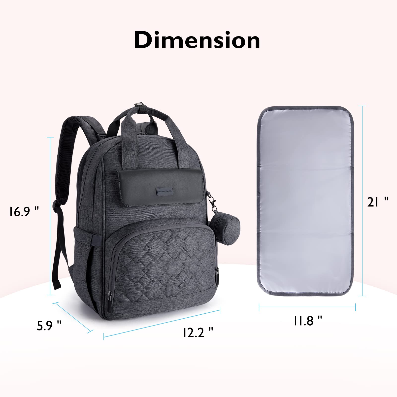 mommore Diaper Bag Backpack Large Travel Diaper Bags with Portable Changing Pad, Pacifier Case and Stroller Straps, Dark Grey