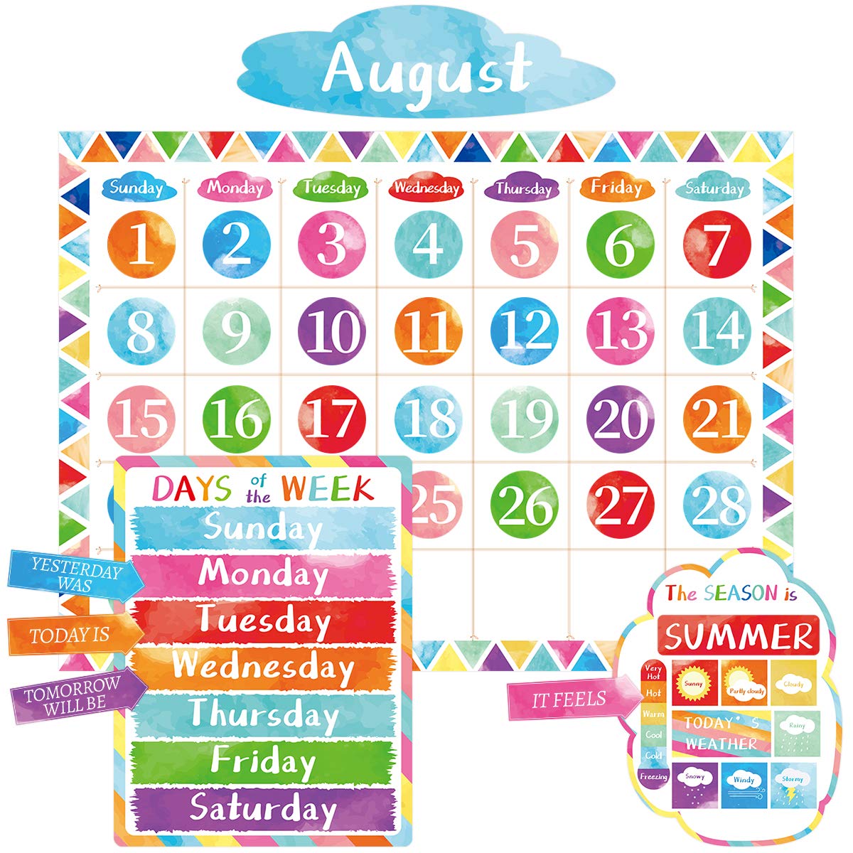 Photo 1 of Watercolor Calendar Bulletin Board Set Colorful Classroom Calendar Set for Preschool Decoration 110 Pcs