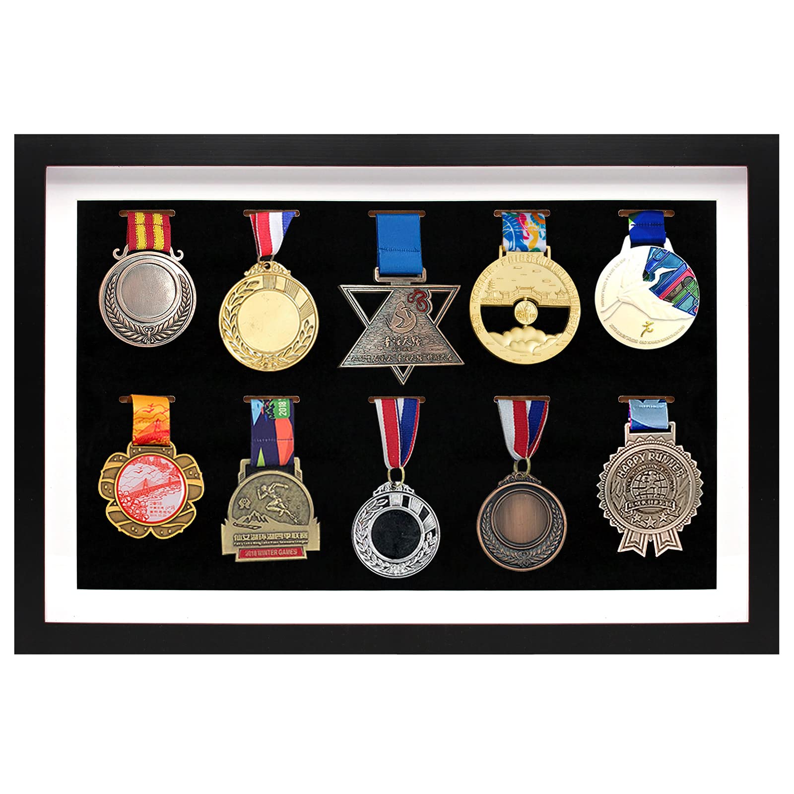 Medal Display Shadow Box Frame, 10 Medals Display Case, 3D Medal Box Photo Frame for Runners Marathon Soccer Football Gymnastics & All Sports Medals Award Insignia (Black, A3)