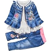 Peacolate 6M-4Years Spring Fall Baby Girls Clothing Set 3pcs Long Sleeve Dress Denim Jacket and Jeans