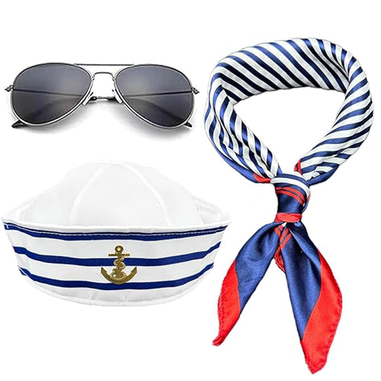 3Pcs Sailor Hat and Scarf Set, Blue and White Nautical Costume Accessories for Adults and Teens, 3-Piece Sailor Outfit for Cosplay, Themed Parties and Sailing Events