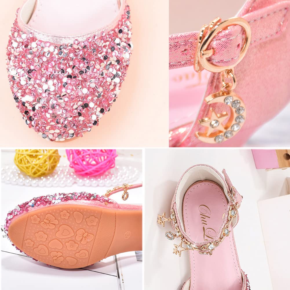ChuLian Little Kids Girls Dress Pumps Glitter Sequins Princess Low Heels Princess Dress Shoes Party Dance Shoes Rhinestone Sandals