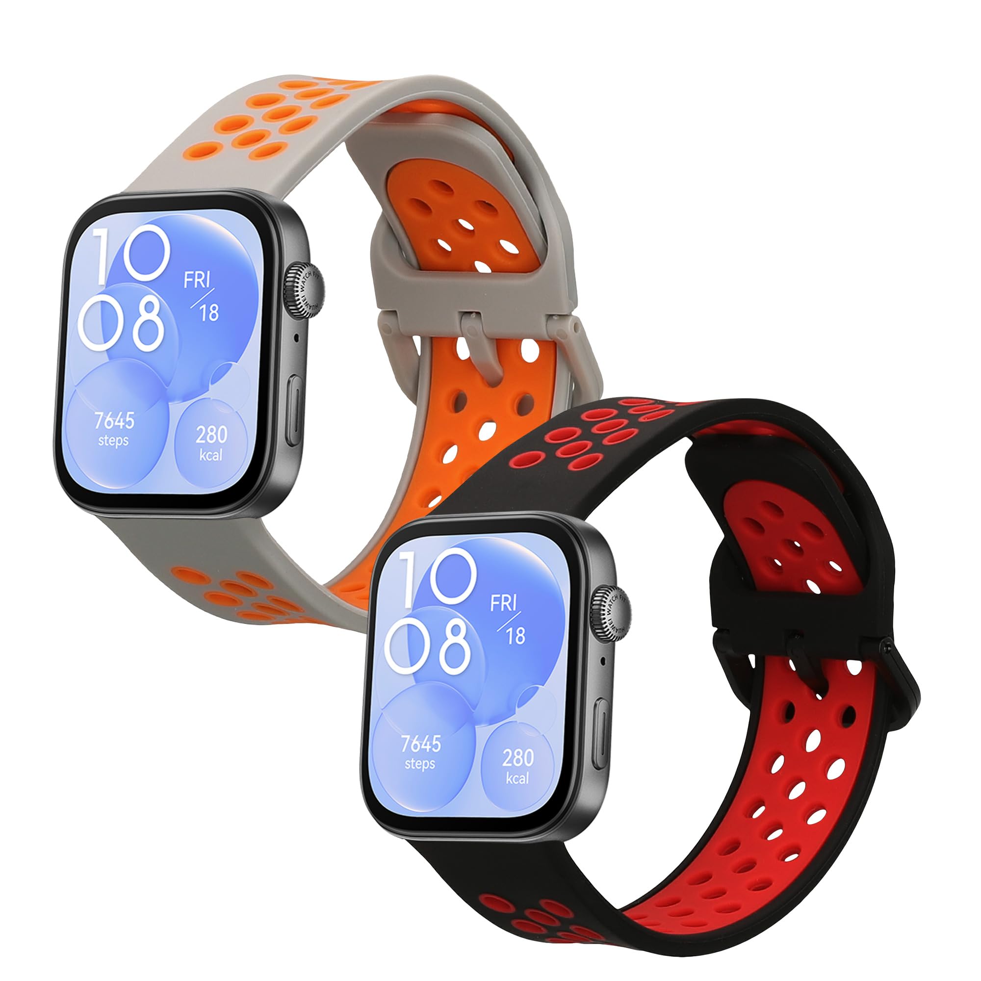 kwmobile 2x Straps for Huawei Watch Fit 3 Watch Strap - Silicone Replacement Watch Strap Set - Replacement Bands Black/Red/Grey/Orange