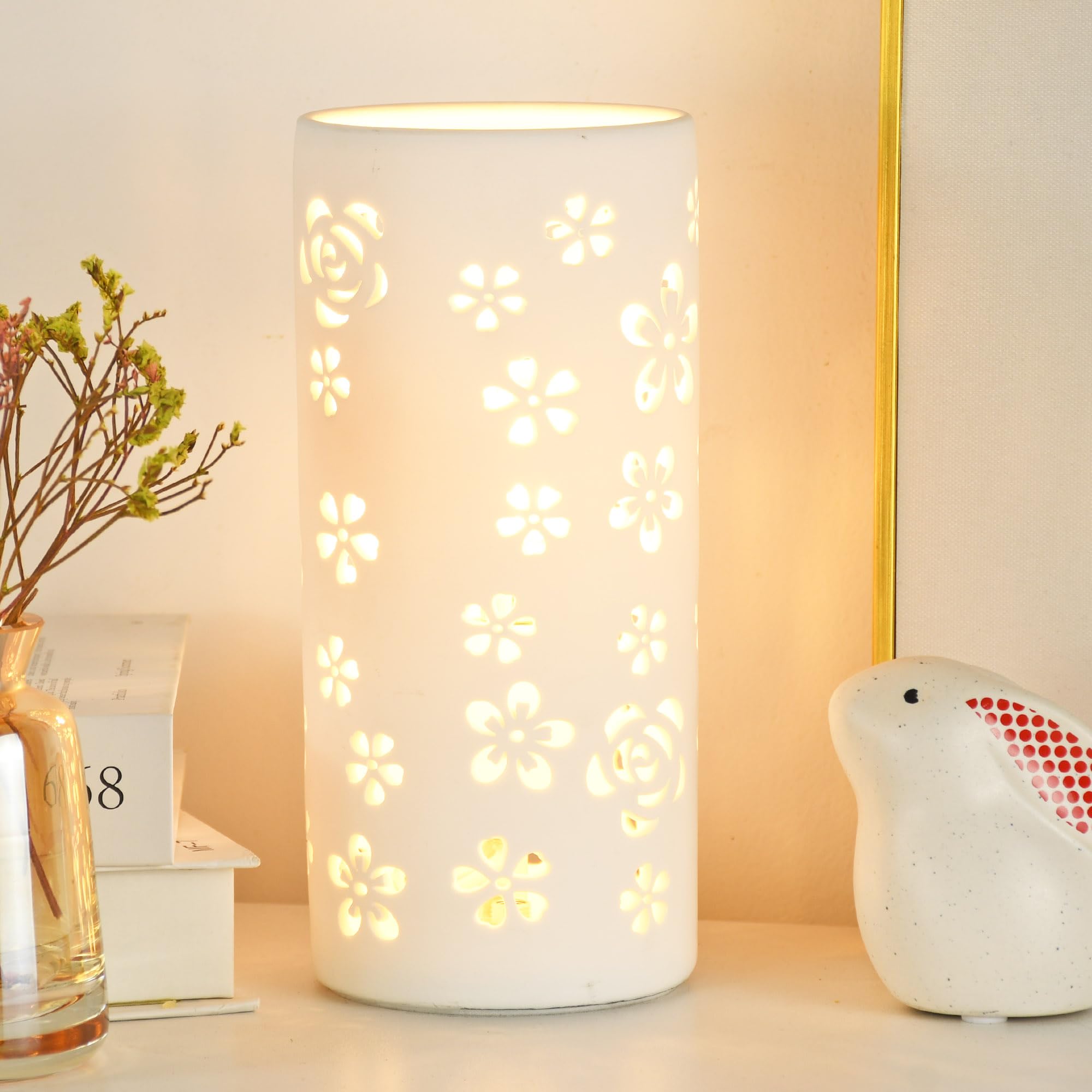 Photo 1 of Lampwell Dana White Modern Ceramic Flower Carving Table Lamp for Living Room & Bedroom,Kids Night Ceramic Table Lamp,?3.54×H7.87IN,Bulb Excluded