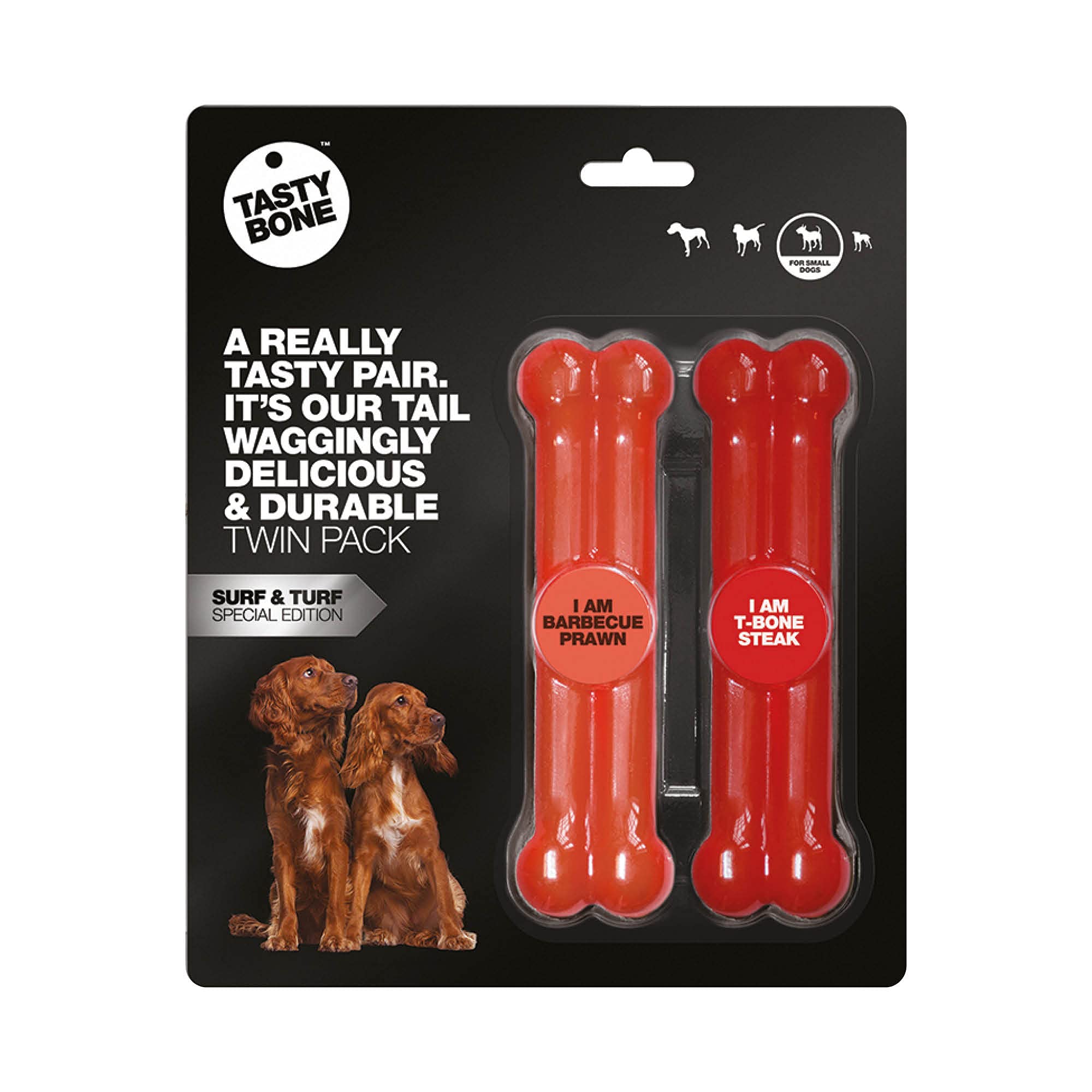 TastyBone Twin Pack Nylon Dog Chew Toys for Small Dogs (BBQ Prawn & T-Bone Steak) - Indestructible for Aggressive Chewers, Everlasting Flavour, Strong Healthy Teeth, Made in the UK