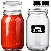ComSaf Wide Mouth Mason Jars 32 oz with Lids 2 Pcs, Quart Mason Jars with Seal Band, Large Glass Jars, Large Canning Containe