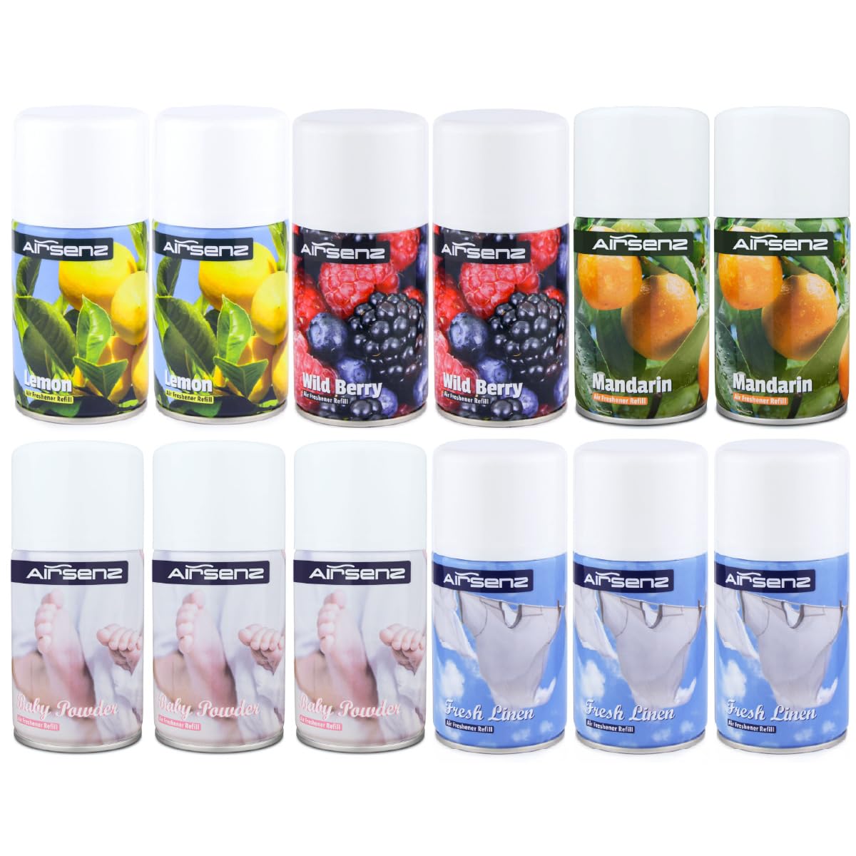 AIRSENZ Air Freshener 12x 270ml Automatic Dispenser Aerosol Spray Refill Cans - 2 Packs of 6 Mixed Fragrances