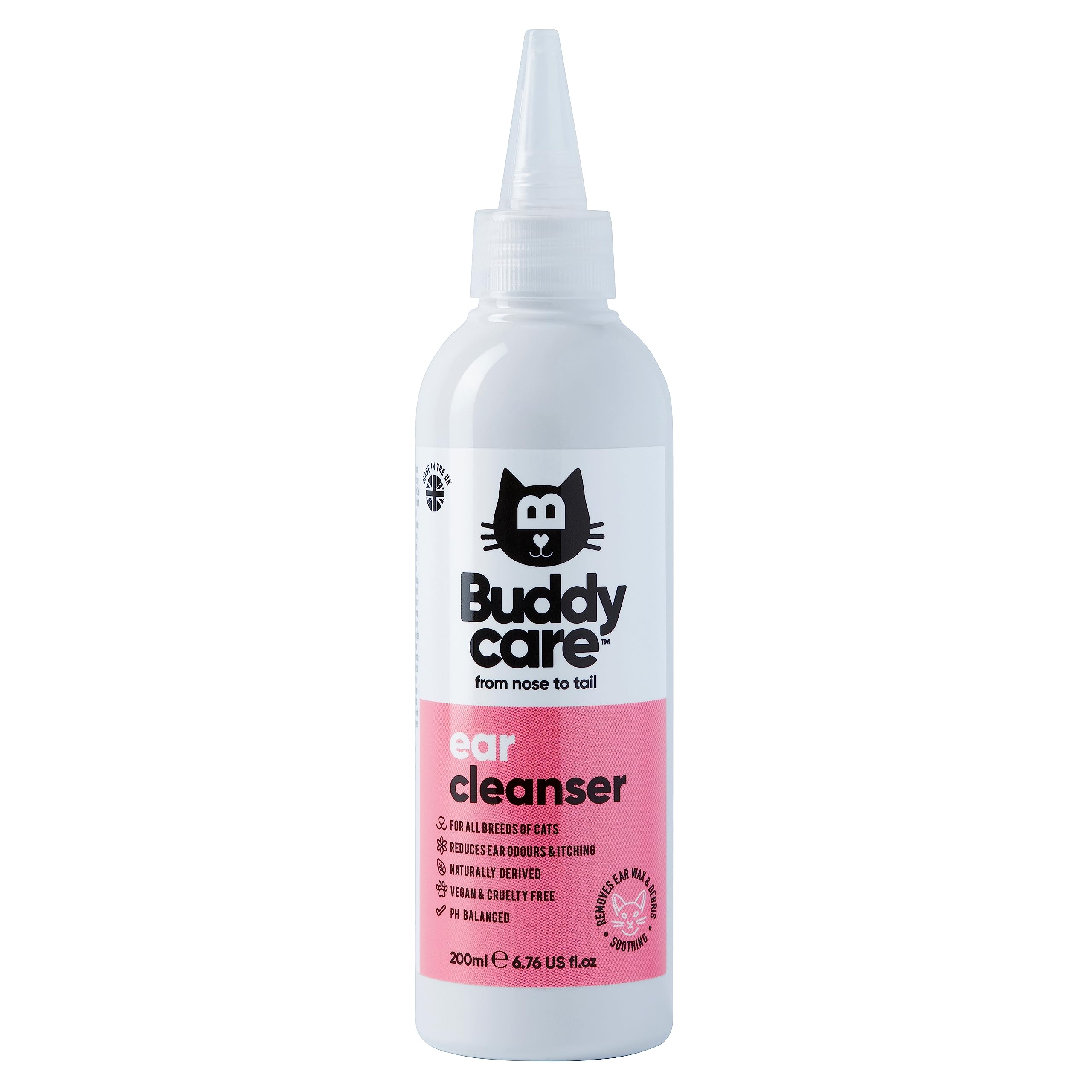 Cat Ear Cleanser by Buddycare | Soothing Ear Cleaning Solution for Cats with Easy-To-Use Applicator | Naturally Derived Ingredients With Aloe (200ml) Remove Dirt & Excess Moisture from your Cat's Ears