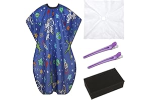 Cobahom Kids Hair Cutting Cape 47.3"×31.5'' Professional Barber Cape Child Cartoon Hairdresser Apron with Adjustable Closure, Clips, Disposable Haircut Cape, Sponge (Spaceman, Alien)