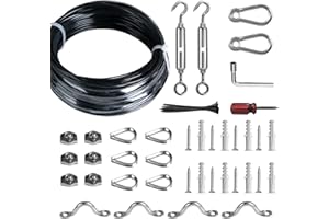Brightown String Lights Hanging Kit for Outdoor, Includes 100Ft Stainless Steel(304) Suspension Rope Cable in Black Vinyl-Coated, Turnbuckle, Thimble, Hooks. Heavy Duty and Easy to Install