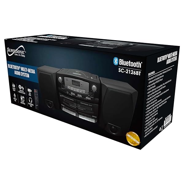 SUPERSONIC BLACK EDITION VINTAGE BLUETOOTH STEREO SYSTEM HOME MUSIC AUDIO SYSTEM,CD/MP3 PLAYER,AM/FM RADIO,DUAL CASSETTE PLAYER/REC USB INPUTS,DETACHABLE SPEAKERS,AC/DC,(REMOTE INCLUDED)MATTE BLACK