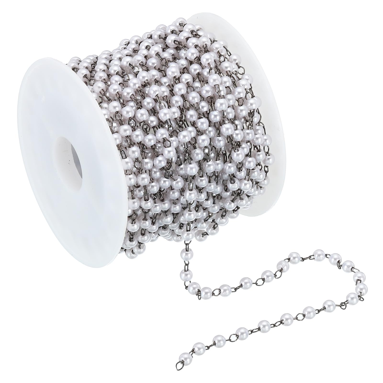 PATIKIL 5m/16 Feet Faux Pearl Beading Chain with Spool, 3mm Brass Chain Link for Decoration Making DIY Accessories Style 1, Dark Silver
