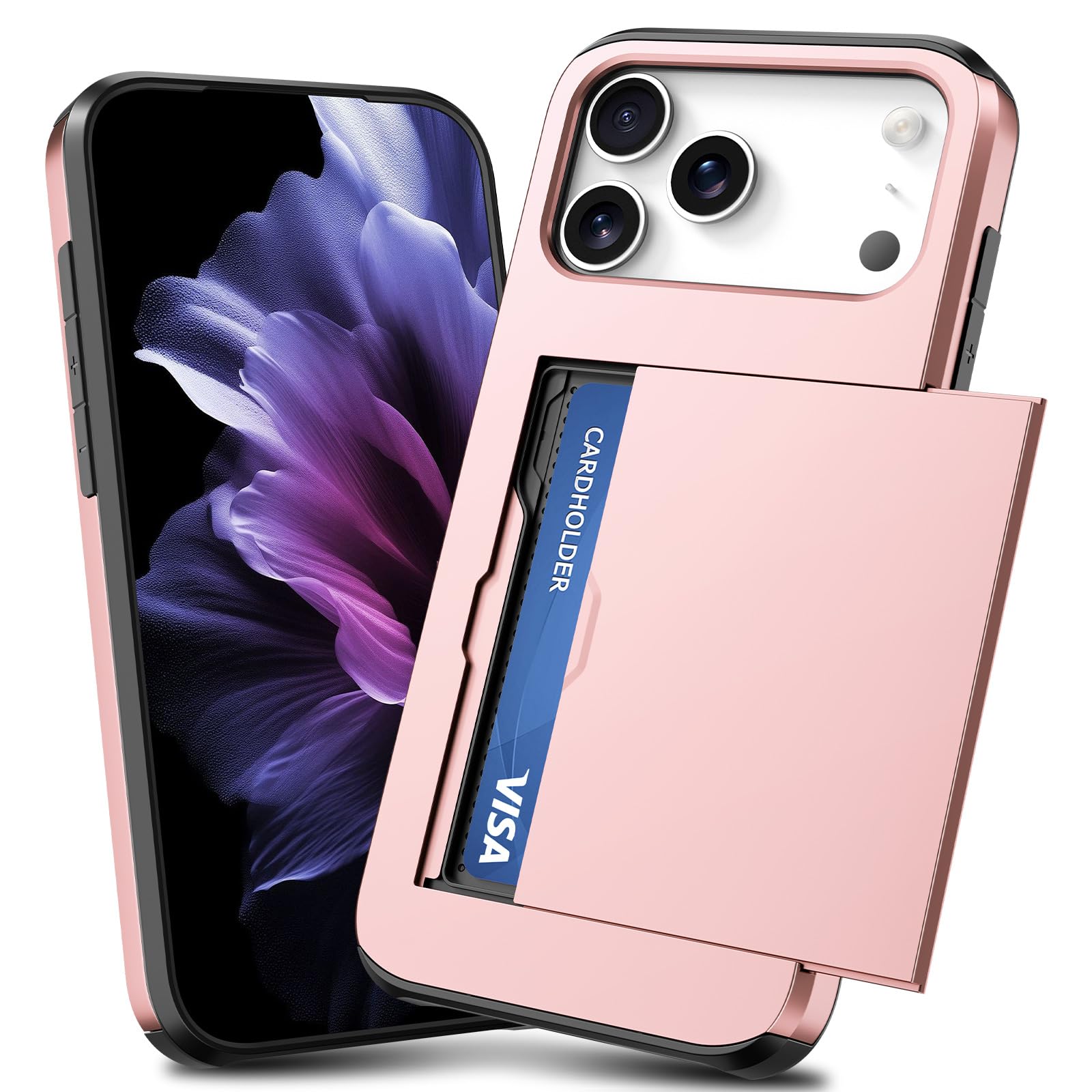 TOPAUX for iPhone 17 Pro Max Wallet Case Slim Credit Card Holder Slot Slide Cover Back Pocket Compartment 2 Layer Shock Absorption Bumper Anti-Scratch Protective Shell for iPhone 17 Pro Max Rose Gold