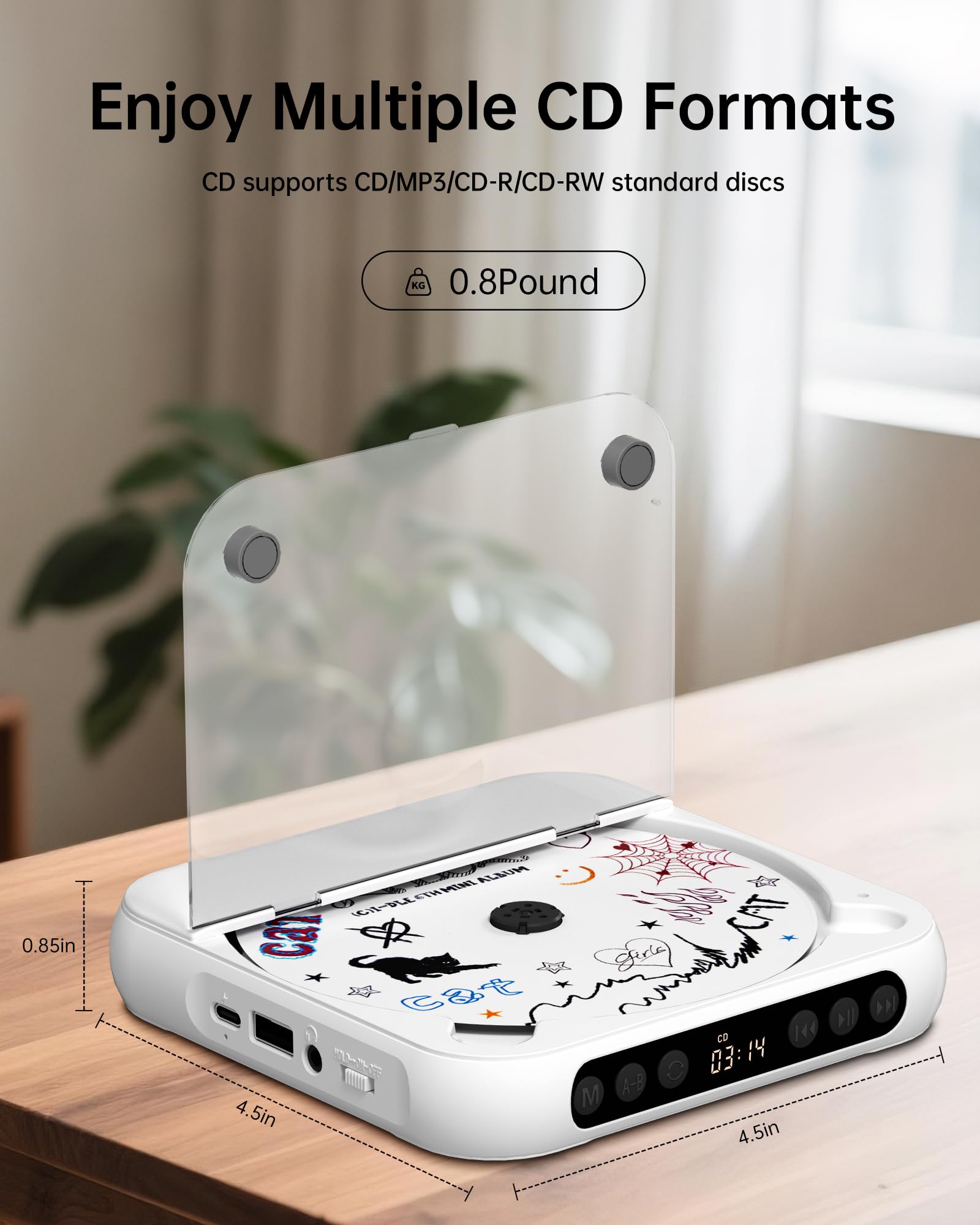 ENVYCLOUD CD Player Portable with Dual Stereo Speakers, Rechargeable Portable CD Player with Bluetooth for Home with Headphones, Support CD/AUX/USB, White