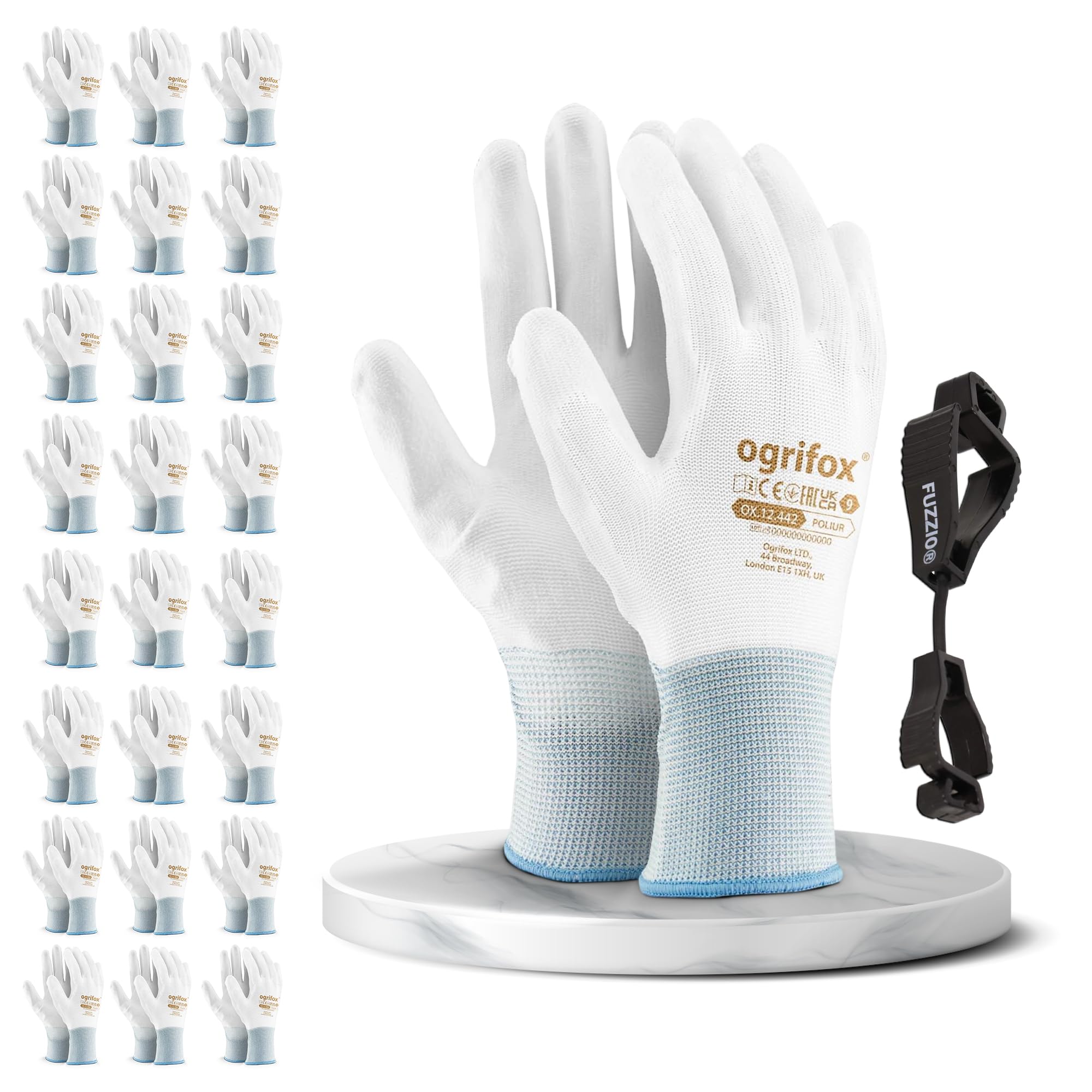 FUZZIO 24 Pairs Ogrifox PU Coated Work Gloves Glove Clips (M (Pack of 24), White)