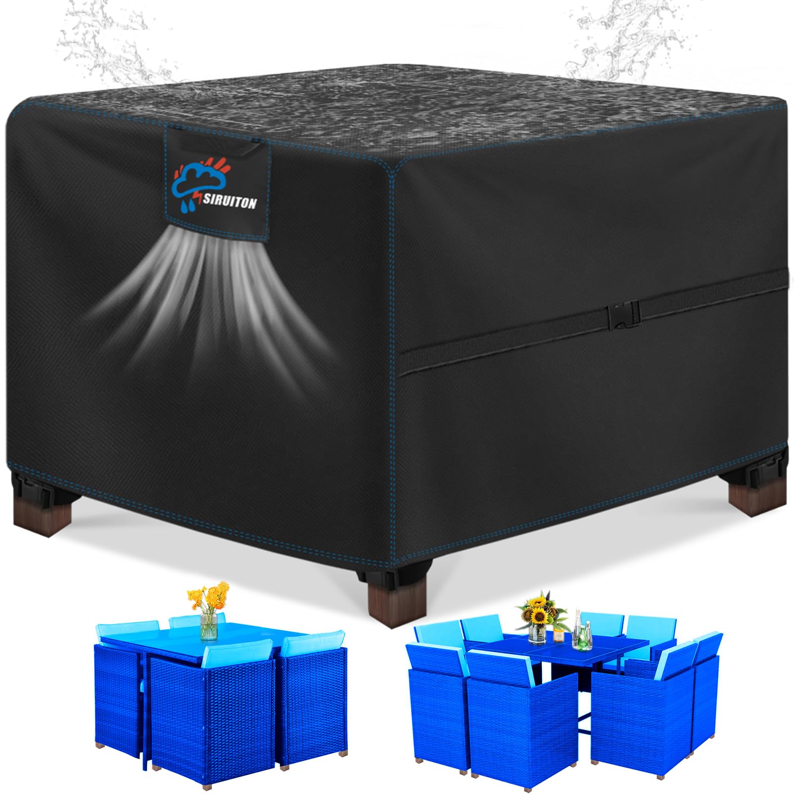 SIRUITON 125x125x74cm Cube Garden Furniture Cover,Heavy Duty Waterproof 420D Oxford Fabric Patio Set Protector with Air Vent,Rattan Cube Garden Table Cover(Square Black)