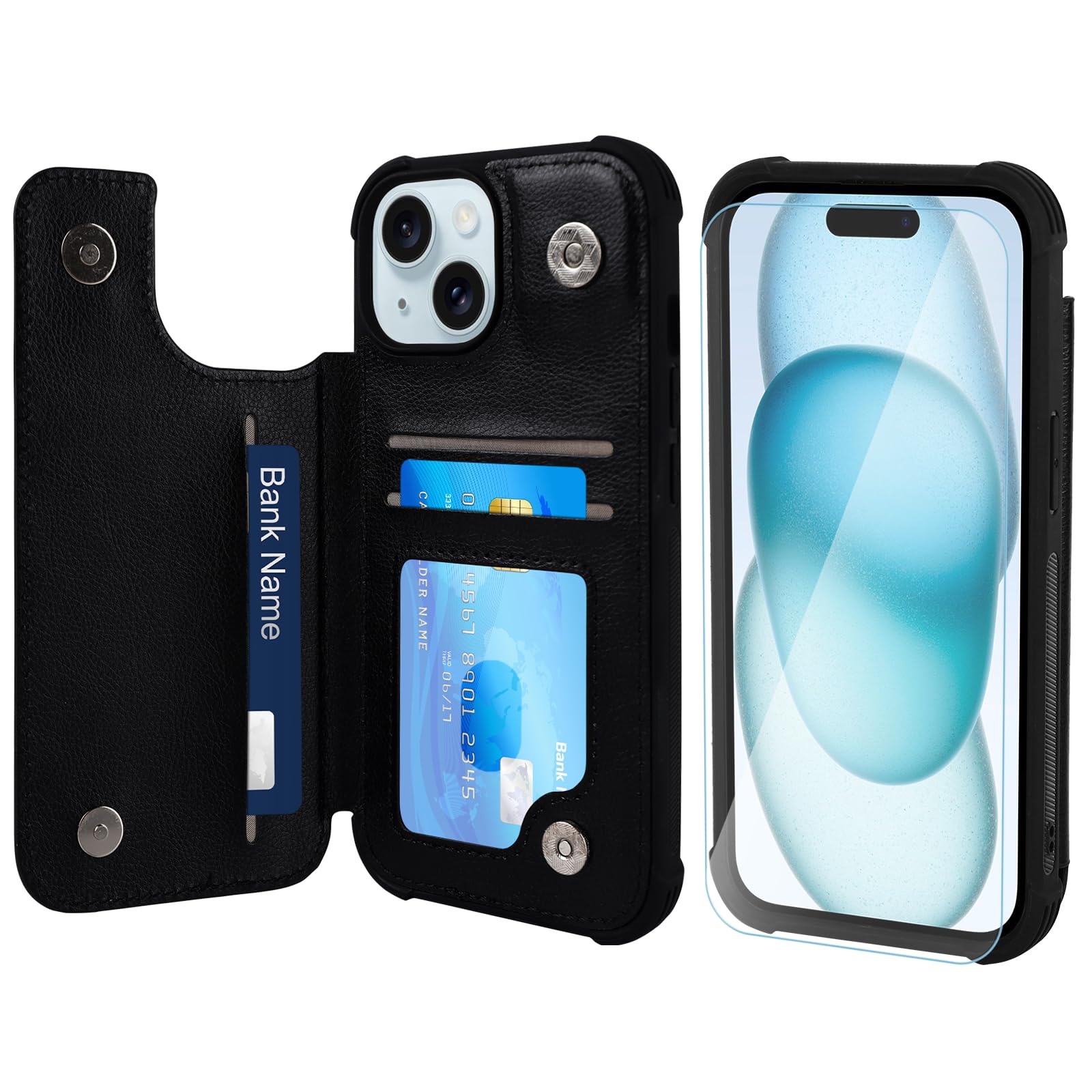 VANAVAGY Wallet Case Compatible for iPhone 15,Leather Flip Folio Shockproof Phone Cover Fit Magnetic Car Mount [Screen Protector Included] with Credit Card Holder for Apple 15, Black