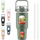 BLUEGO 40 oz Glass Water Bottles with Straw Time Marker, Glass Tumbler with Handle Top Lids, Easy to Clean, Fits in Car Cup Holder, Leakproof Jug for Gym, Sports, Workout & Daily, 02 Olive