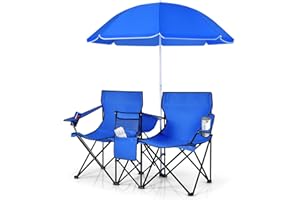 COSTWAY Double Portable Picnic Chairs, Folding Camping Chairs w/Detachable Umbrella, Cooler Bag, Cup Holders, Patio Beach Camping Chairs for Outdoors, Blue