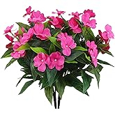 FAICOIA 2 Branches Artificial Impatiens Flowers for Outdoors - Faux Bushes Rose Red Silk Flowers Greenery Bouquet for Patio Lawn Garden Pot Hanging Basket Porch Decoration