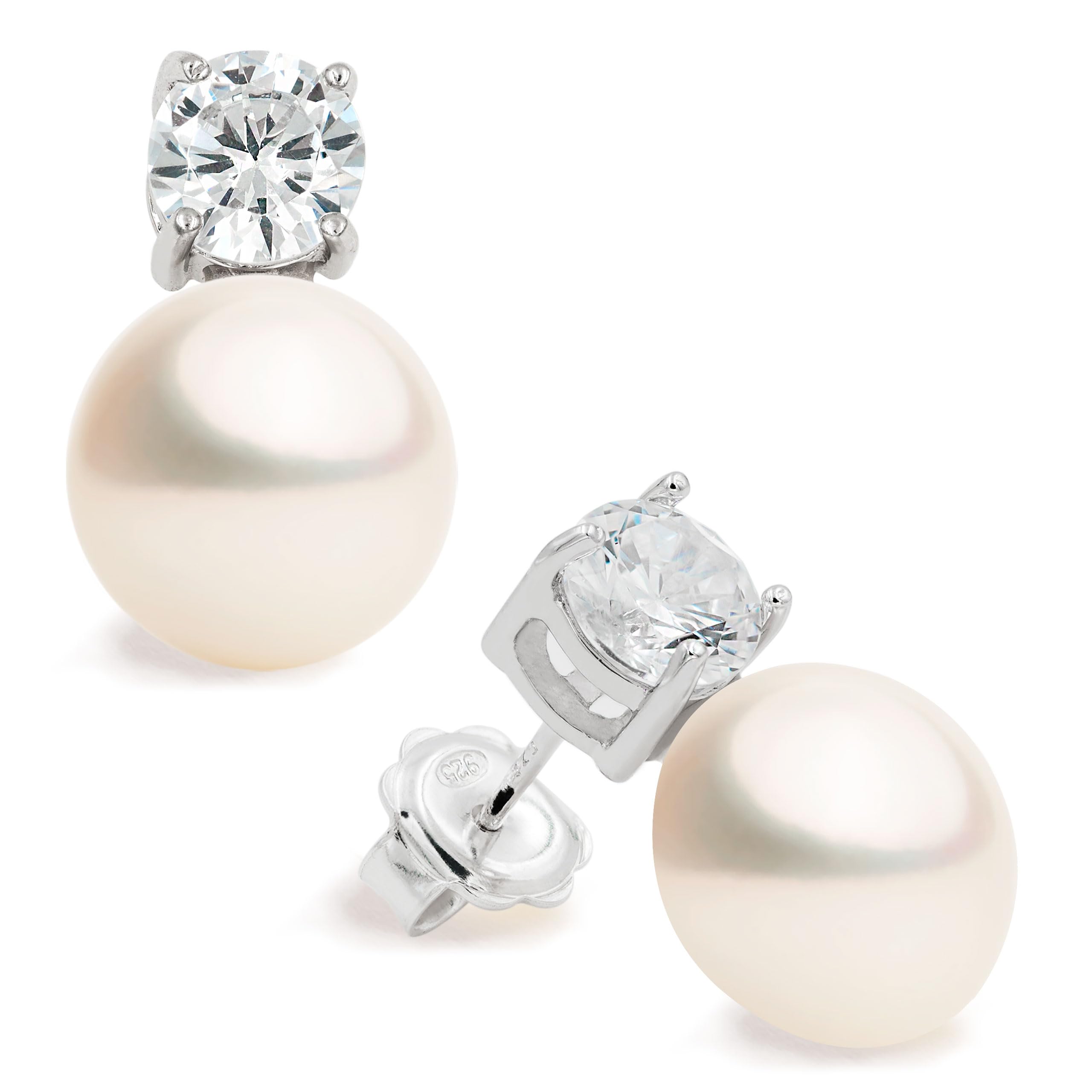 Women Pearl Stud Earrings, Fresh Water Cultured Pearls Button Shape 11-12 mm with a Large Zirconia Stone Secret & You | Sterling Silver 925 Mounts with big nuts.