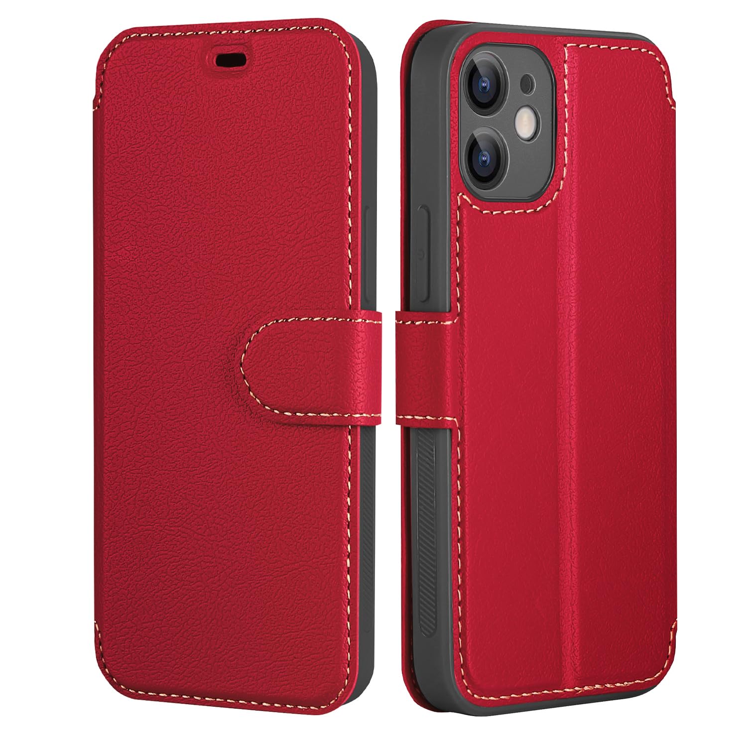 ELESNOW Phone Case for iPhone 12, Flip Wallet PU Leather Card Holder with RFID Blocking Magnetic Closure Stand Cover for Apple iPhone 12 (Red)
