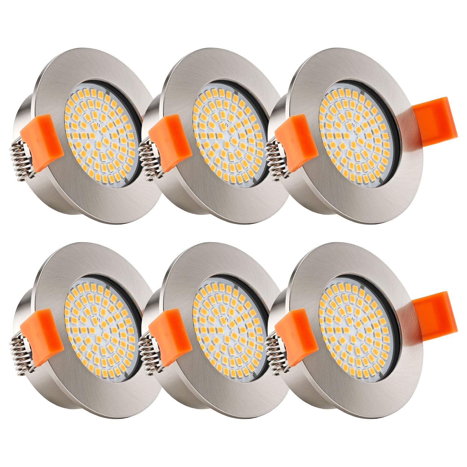 LABOREDUCER LED Recessed Bathroom Spotlights with Built-in 5W LED Module,6 Pack Brushed Nickel Round Extra Flat Downlight,IP44 Rated (Warm White 3000K)