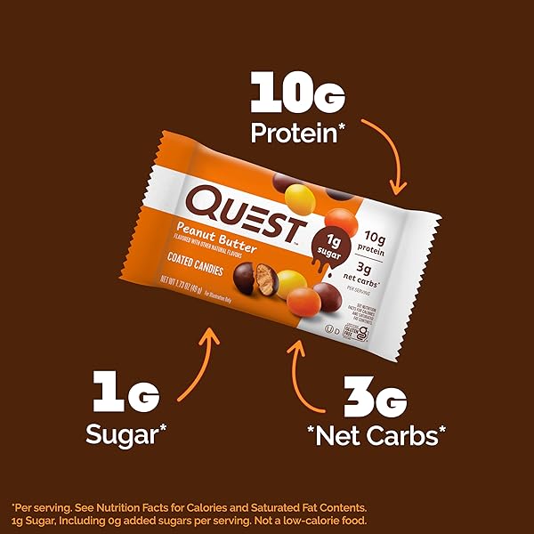 QUEST NUTRITION COATED CANDIES, PEANUT BUTTER, 1G SUGAR, 10G PROTEIN, 4G NET CARBS, GLUTEN FREE, KETO FRIENDLY, 12 COUNT