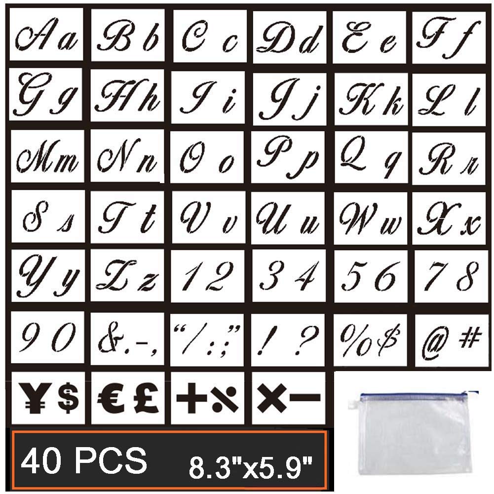 Guwheat Painting Letter Stencils on Wood, 40 PCS Reusable Washable Template with Calligraphy Font Uppercase and Lowercase Alphabet, Numbers and Signs, with Portable Zipper Bags, 21x 15 cm