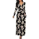 LILBETTER Women Long Sleeve Deep V Neck Loose Plain Long Maxi Casual Dress