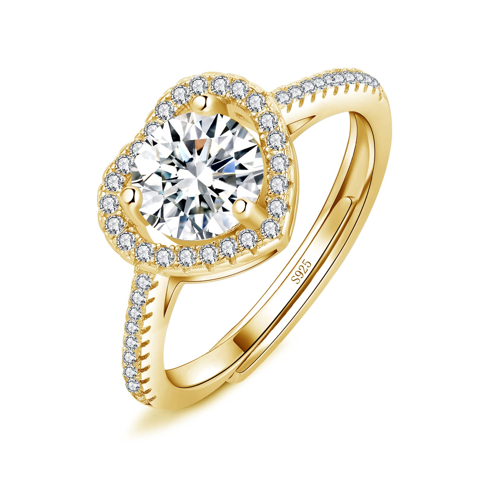 Josfeva Silver Rings for Women Ladies, Bride Wedding Engagement Ring for Love Promise, 925 Sterling Silver Adjustable Diamond Ring, Romantic Anniversary Heart Gold Rings for Couples Girls Gifts
