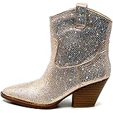 Forever Women's Rhinestone Block Heel Ankle Boots River-01 Champagne 8.5