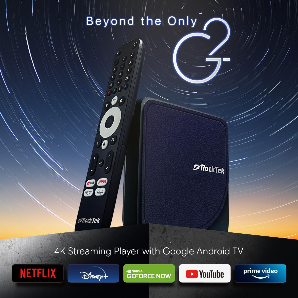 RockTek G2 Premium Google TV 4K UHD Streaming Player, HDR10+ Dolby Vision Atmos, Voice Remote, Netflix, Prime Video, Disney+, Max, Hulu, Apple TV+, Live TV, GeForce Now Cloud Gaming, Chromecast