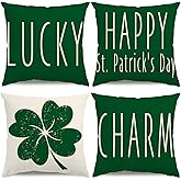 KISVODS St Patricks Day Pillow Covers 18x18 Happy St Patricks Day Decorations Lucky Charm Clover Throw Pillow Covers Shamrock Cushion Case for Sofa Couch Set of 4