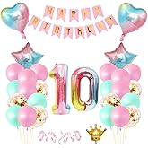 10th Birthday Decorations for Girls, Double Digits Party Supplies,Happy 10th Birthday Banner, Rainbow Star & Heart Foil Balloons, Pink/Blue/Gold Confetti Balloons Mini Crown Balloon Set Pastel Decor