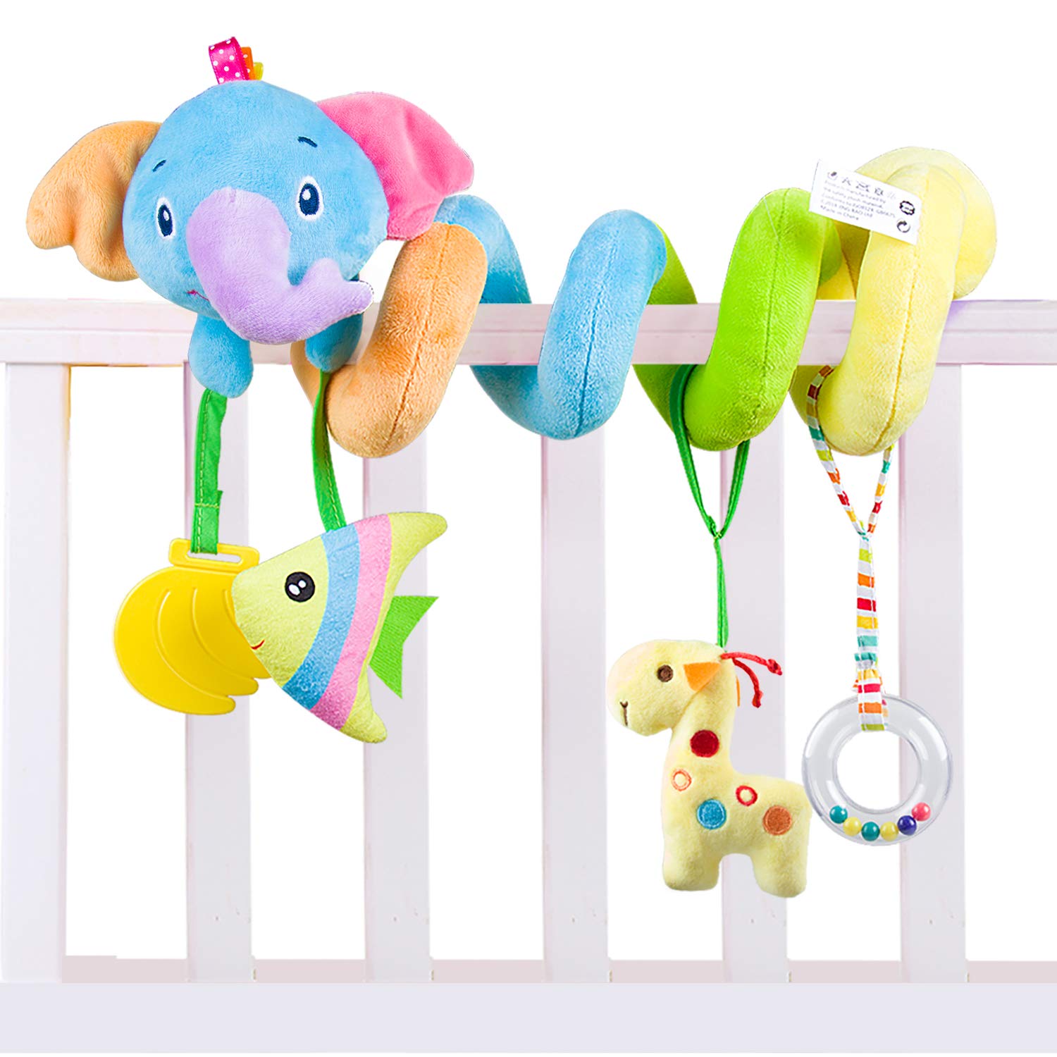 Caterbee Baby Car Seat Toys, Hanging Activity Spiral Plush Stroller Toys with Rattle for boy or Girl (Elephant)