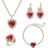 Yifnny Crystal Heart Jewelry Sets, Sparkling Hearts Necklace/Bracelet/Earring/Ring Red Artificial Crystal Prom Jewelry Set for Bride Jewelry Birthday Gifts for Wife Women