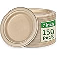 Aricsen Compostable 150 Pack 7 Inch Disposable Round Paper Plates, Small Light Brown Heavy Duty Natural Biodegradable Sugarcane Bagasse Unbleached Eco-Friendly for Craft Party Dinner Wedding Birthday