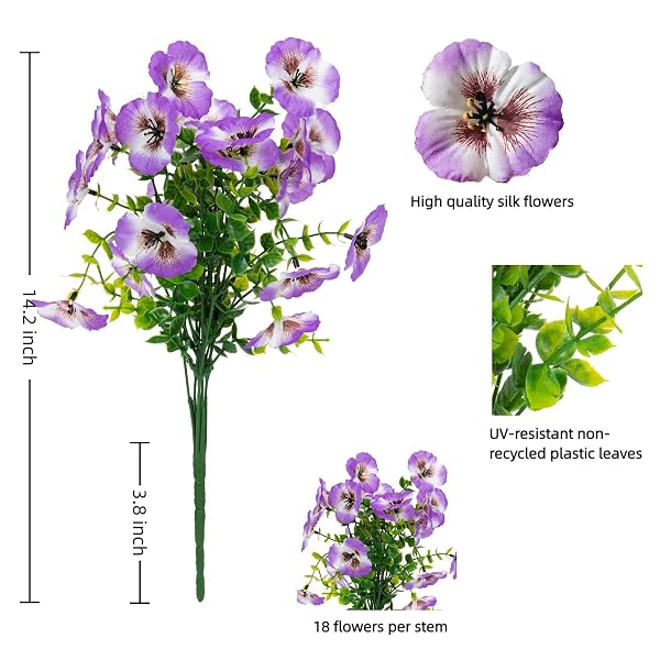 GIAUMA 18 BUNDLES ARTIFICIAL PANSY FLOWERS FOR OUTDOORS UV RESISTANT – REALISTIC SILK FAKE OUTSIDE FLOWERS FAUX PLANTS FOR OUTDOOR PLANTERS, PORCH, PATIO, GARDEN, WINDOW BOX DECORATION(3 COLORS)