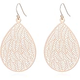 Handmade Filigree Teardrop Dangling Drop Earrings for Women, 925 Sterling Silver Hooks Leaf Earrings for Gift