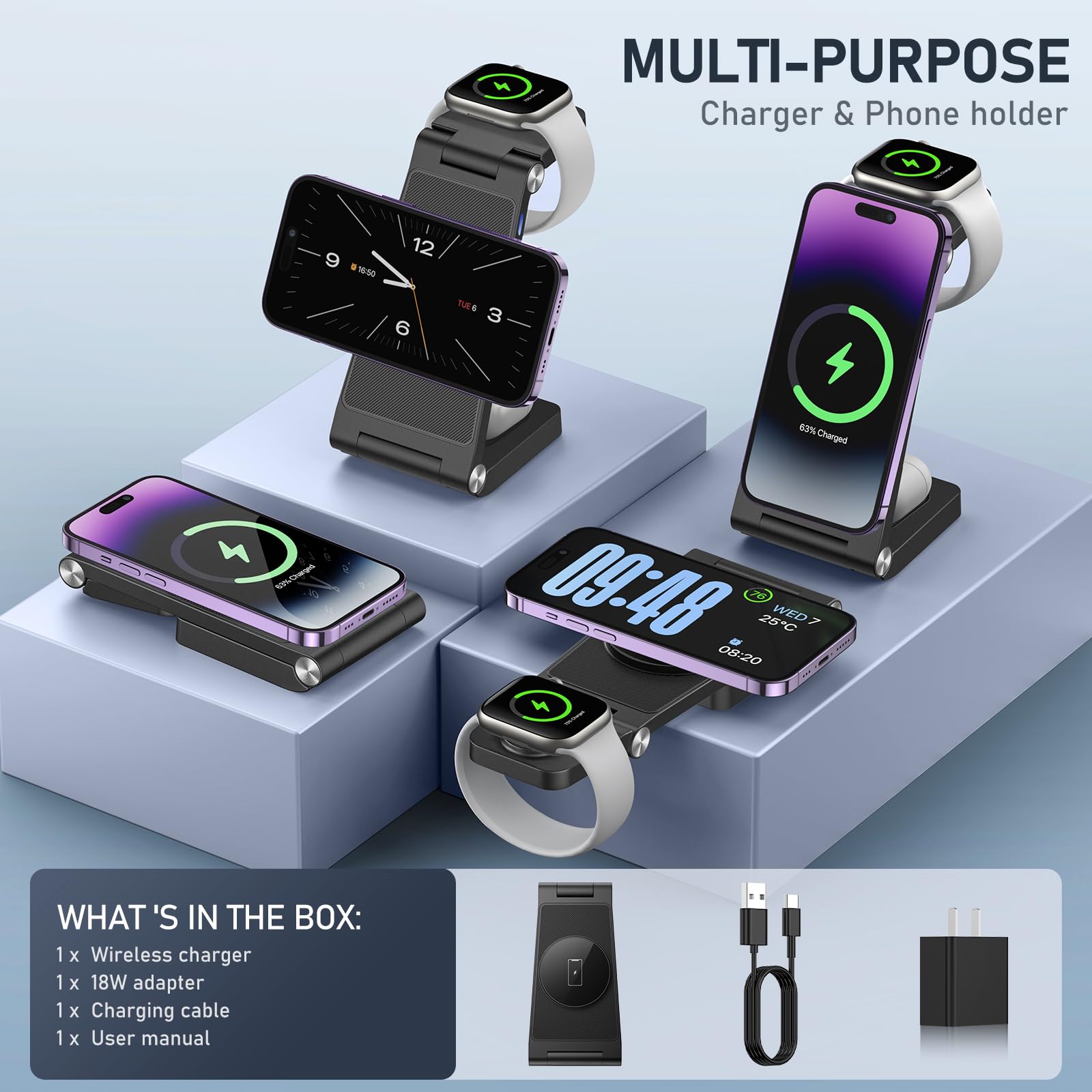 Magnetic Wireless Charger Stand, 3 in 1 Foldable Wireless Charging Station, Travel Charger for Multiple Devices for iPhone 16 15 14 13 12 Series, Apple Watch Ultra/9/8/7/6/5/4/3/2, AirPods