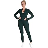 Sunzel Long Sleeve Jumpsuits for Women, Ribbed One Piece Casual Yoga Workout Zip Front Bodycon, Legging Fit & Thumbhole